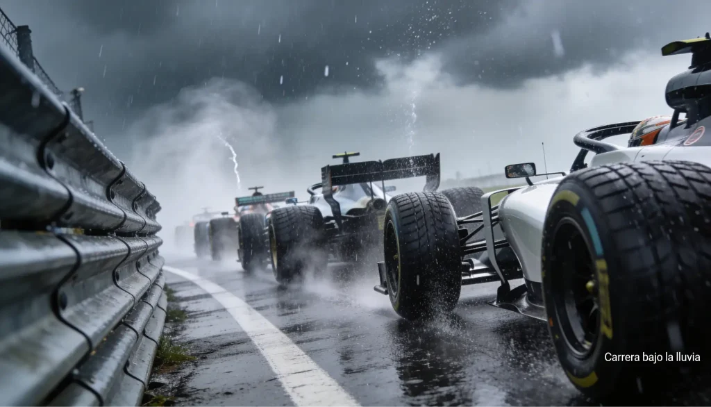 Monoplazas de Fórmula 1 circulando en pista mojada bajo la lluvia con spray de agua