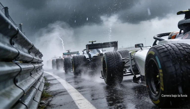Monoplazas de Fórmula 1 circulando en pista mojada bajo la lluvia con spray de agua