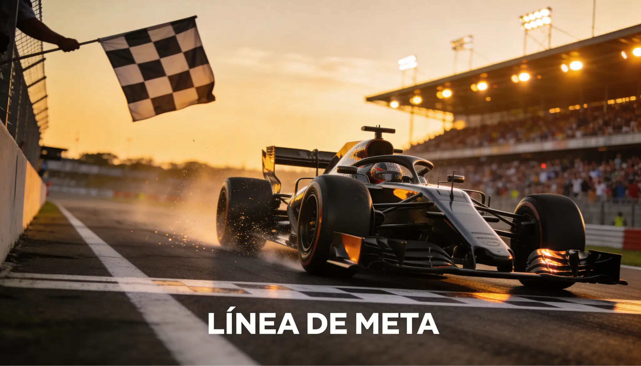 Monoplaza de Fórmula 1 cruzando la línea de meta en un Gran Premio