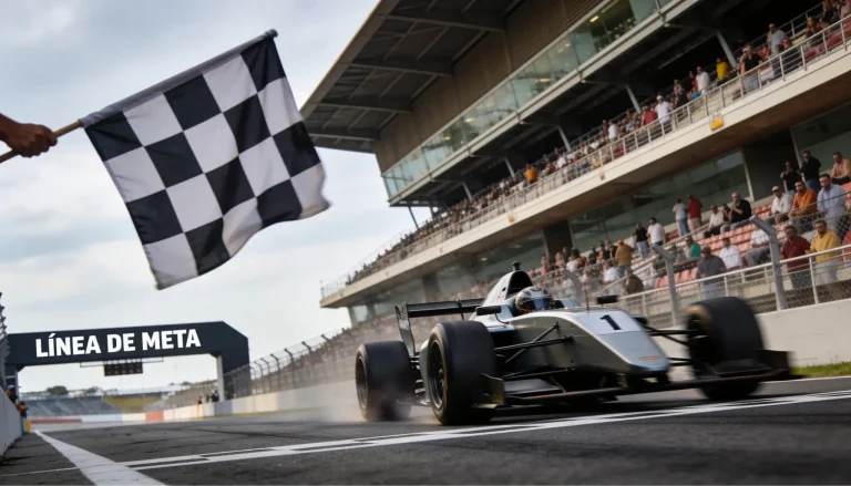 Monoplaza de Fórmula 1 cruzando la línea de meta en primer lugar