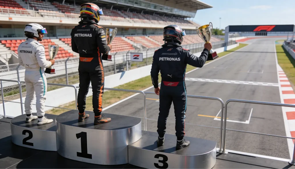 Podio de Fórmula 1 con tres posiciones marcadas en un circuito de carreras