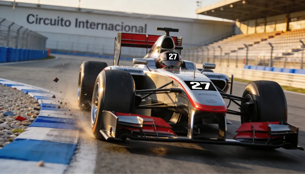 Cronómetro de carrera junto a un monoplaza de Fórmula 1 en pista