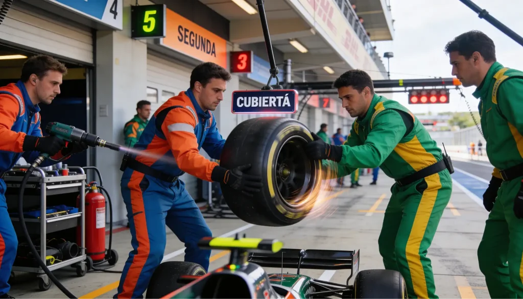 Pit stop de Fórmula 1 con mecánicos trabajando en el cambio de neumáticos