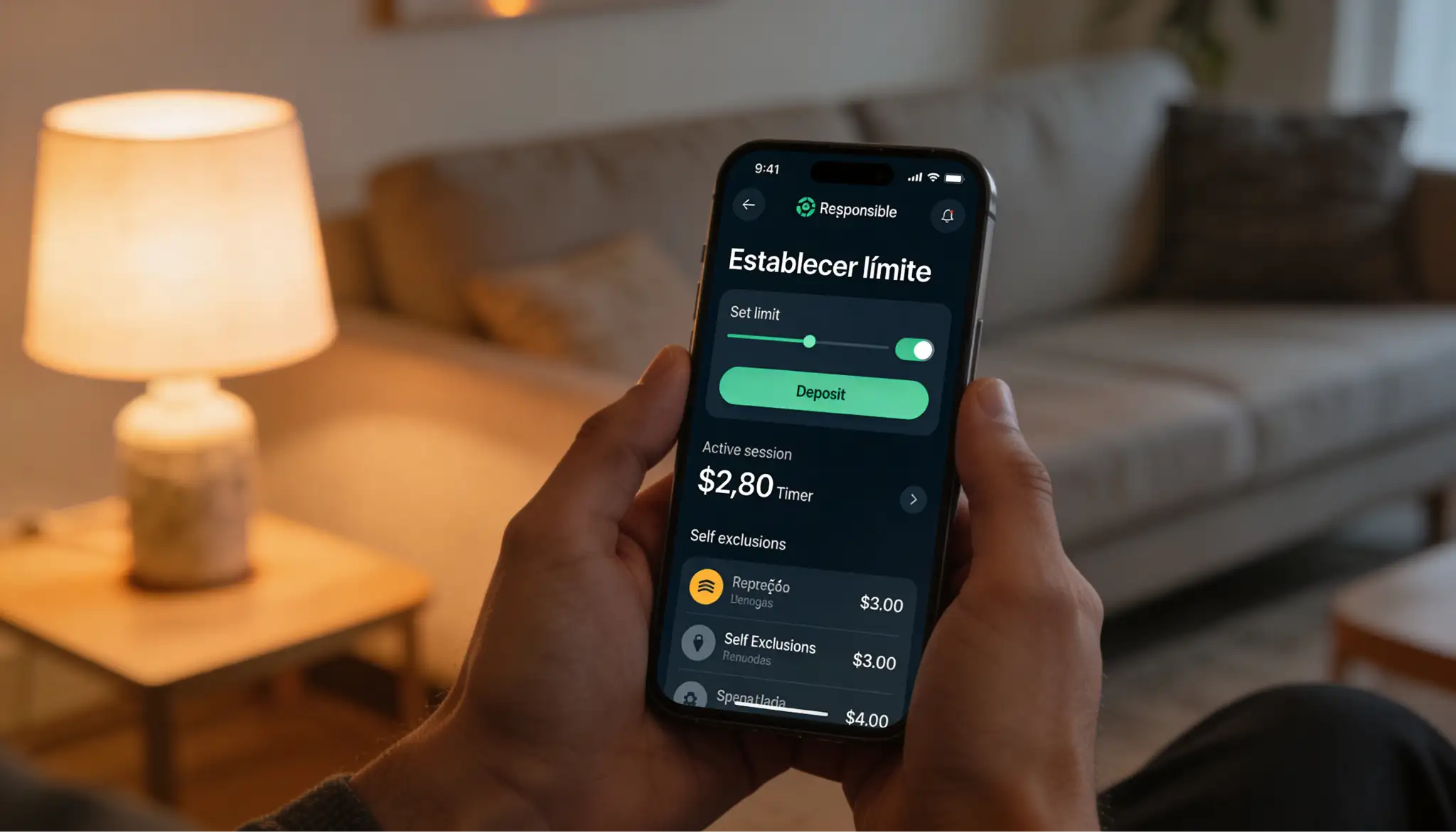 Persona utilizando una aplicación móvil de apuestas deportivas de forma responsable