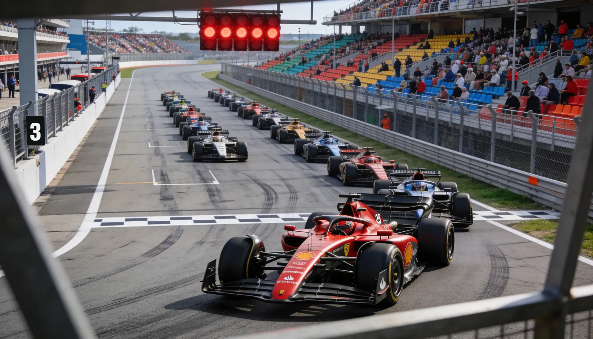 Monoplaza de Fórmula 1 saliendo desde la pole position al inicio de la carrera