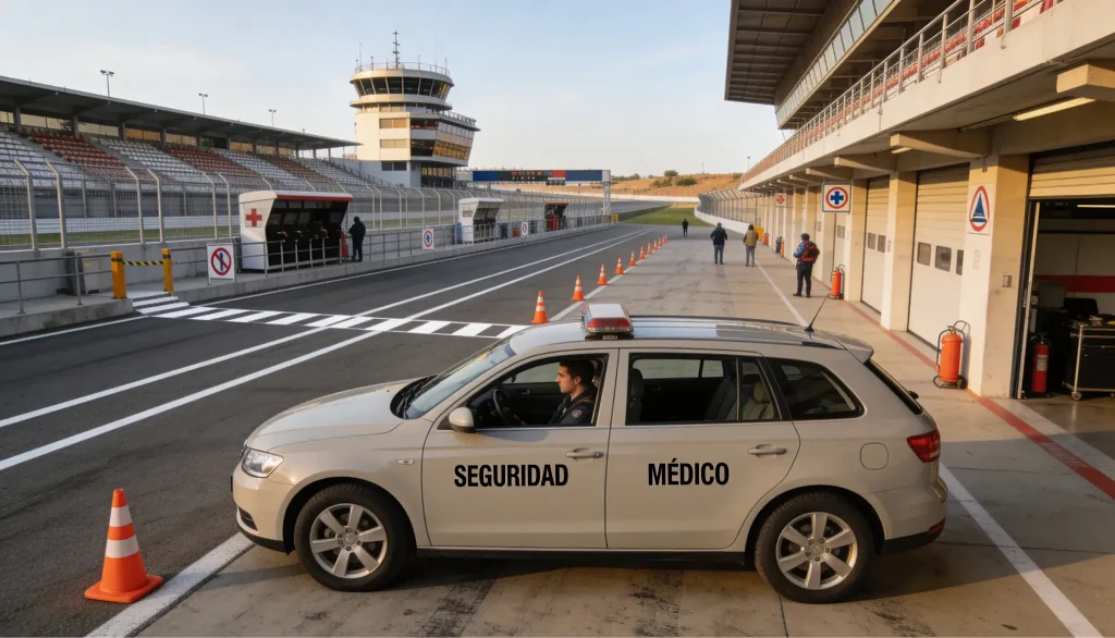 Señal de ayuda y apoyo junto a un monoplaza de Fórmula 1 en circuito