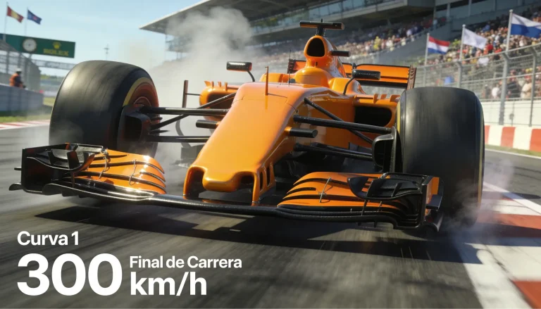 Monoplaza naranja de McLaren en acción durante un Gran Premio de Fórmula 1