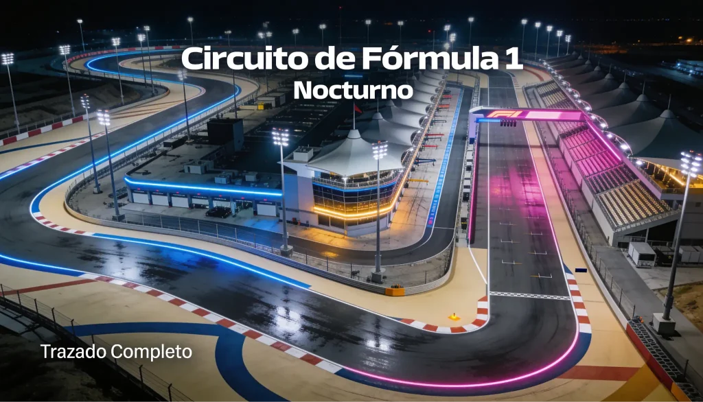 Vista global de un circuito de Fórmula 1 con mapa del mundo en el fondo