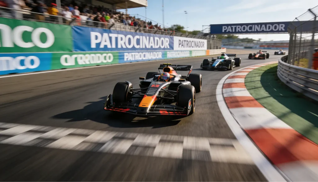 Monoplazas de Fórmula 1 circulando en circuito con publicidad en las vallas de pista