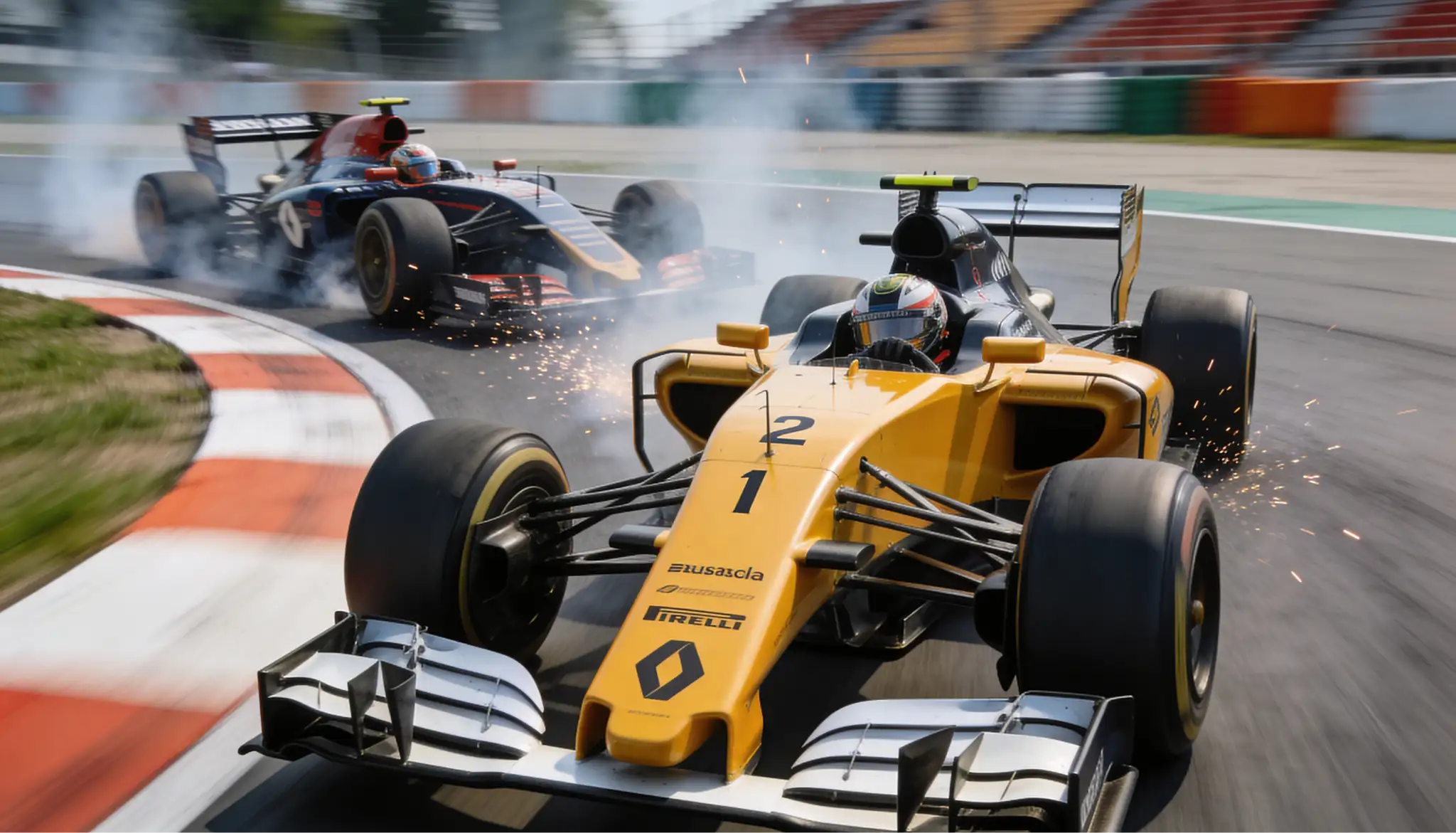 Pilotos de Fórmula 1 compitiendo rueda a rueda en una curva del circuito