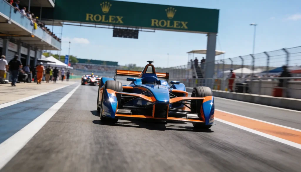 Monoplaza de Fórmula 1 azul y naranja dominando la cabeza de una carrera